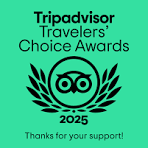 Tripadvisor Travelers' Choice Awards 2025 logo with owl symbol and laurel wreath.